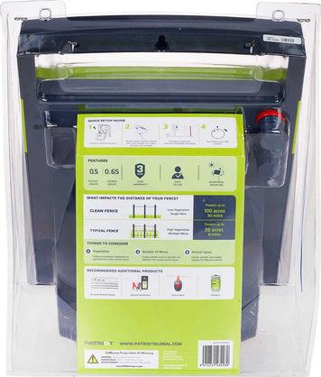 Rear view of a patriot solarguard 500 solar powered fence charger in its package and shows specs for electric fence 