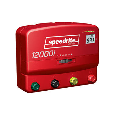 speedrite 12000i electric fence charger with red yellow and green knobs and digital display