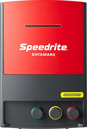 Red and Black Speedrite 46000W AC/Mains electric fence Energizer with green yellow and red fence terminal knobs