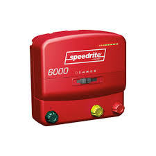 Red speedrite 6000 dual powered electric fence charger with green yellow and red fence terminal knobs on white background
